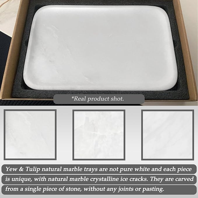 Yew & Tulip 14" x 8.5" Natural Marble Tray for Kitchen, Bathroom, Living Room – Serving/Decorative Vanity Tray for Jewelry, Candles, Decor (Matte White)