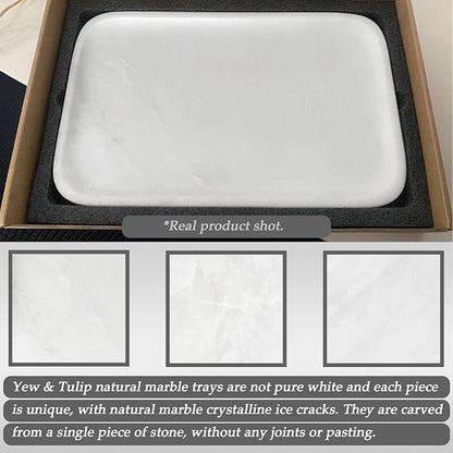 Yew & Tulip 14" x 8.5" Natural Marble Tray for Kitchen, Bathroom, Living Room – Serving/Decorative Vanity Tray for Jewelry, Candles, Decor (Matte White)