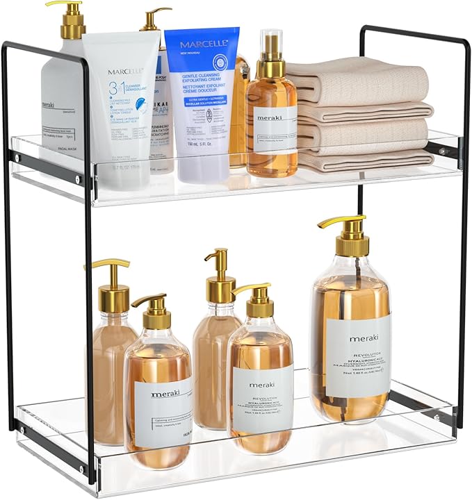 Bathroom Countertop Organizer, 2 Tier Acrylic Tray Vanity Counter Skincare Organizer Shelf, Home Storage Holder for Lotion Makeup Cosmetics Perfume Spice, Black+Clear