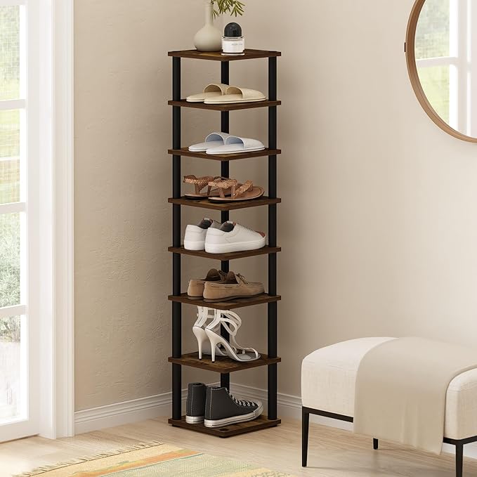 Furinno Turn-N-Tube Vertical Shoe Rack, 8-Tier Narrow Shoe Organizer, Free Standing Shoe Storage, Shoe Shelf for Boots, Sneakers, 11.6 x 11.6 x 52.6, for Closet, Entryway, Office, Garage, Amber Pine