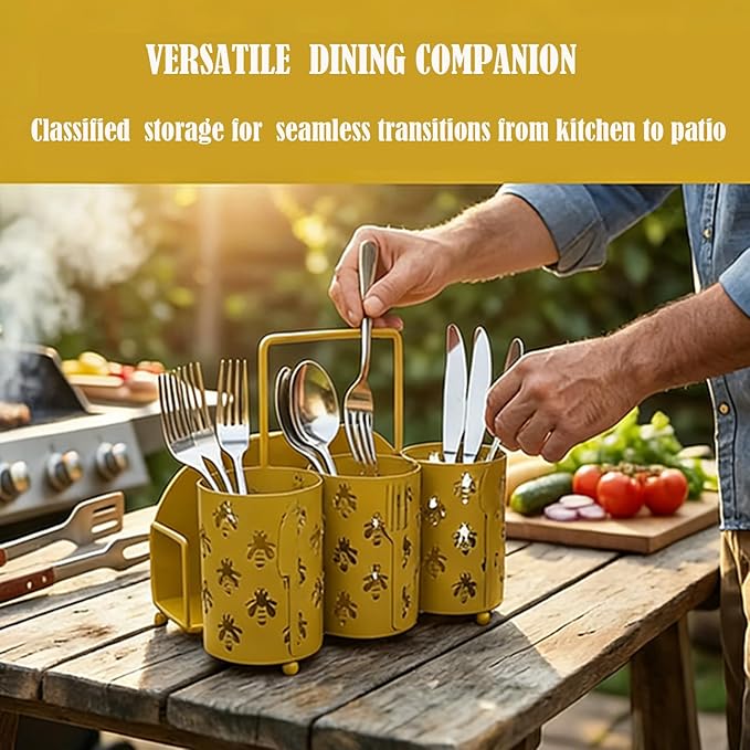 NelyBet Bee Utensil Caddy Silverware Holder Fork Spoon Napkin Paper Plate Organizer Metal Utensil Holder Cutlery Flatware Organizers for Party Kitchen Countertop Camping Picnic - Gold