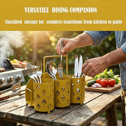 NelyBet Bee Utensil Caddy Silverware Holder Fork Spoon Napkin Paper Plate Organizer Metal Utensil Holder Cutlery Flatware Organizers for Party Kitchen Countertop Camping Picnic - Gold