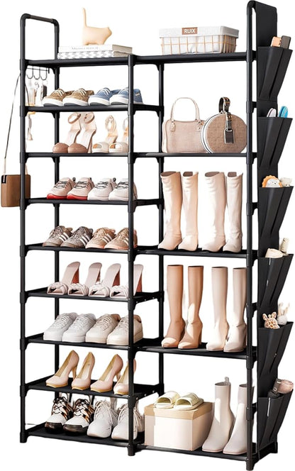 SUOERNUO Shoe Rack Organizer with Hook and Side Pocket, Metal Shoe Rack Storage Holds 25-35 Pairs, Large Black Stackable Freestanding Shoe Racks, 9-Tier Tall Shoe Rack for Closet, Entryway
