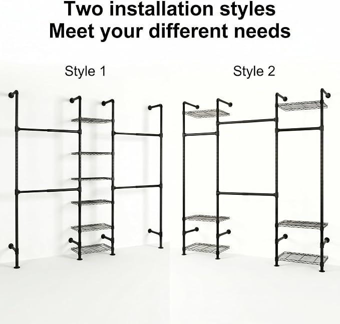 Wall Mounted Closet System – Adjustable Clothing Rack with 4 Expandable Rods & 6 Shelves, Heavy Duty Industrial Pipe Clothes Rack for Closet Organizer and Storage, Black