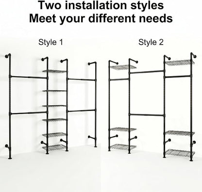 Wall Mounted Closet System – Adjustable Clothing Rack with 4 Expandable Rods & 6 Shelves, Heavy Duty Industrial Pipe Clothes Rack for Closet Organizer and Storage, Black