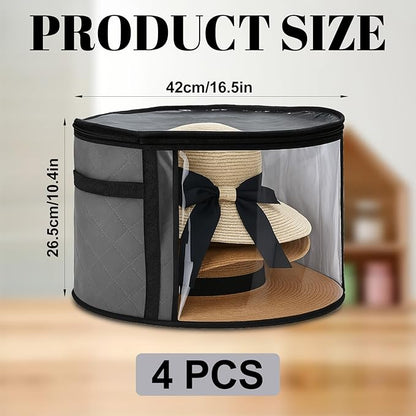 AceOrbit 4 Pcs Oversized Clear Hat Storage Box for Women 16.5 x 10.4 Inch Cowboy Hat Storage Box with Lid Hats Bags for Travel Holds up to 7 Caps (Gray,Stylish Style)
