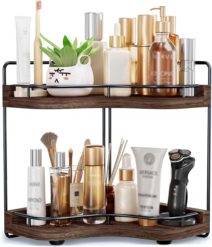 2-Tier Corner Bathroom Counter Organizer with Embedded Screw Holes, Secure & Stable Wood Vanity Shelf for Makeup and Skincare Essentials - Space Saving Bathroom Countertop Storage, Dark Brown