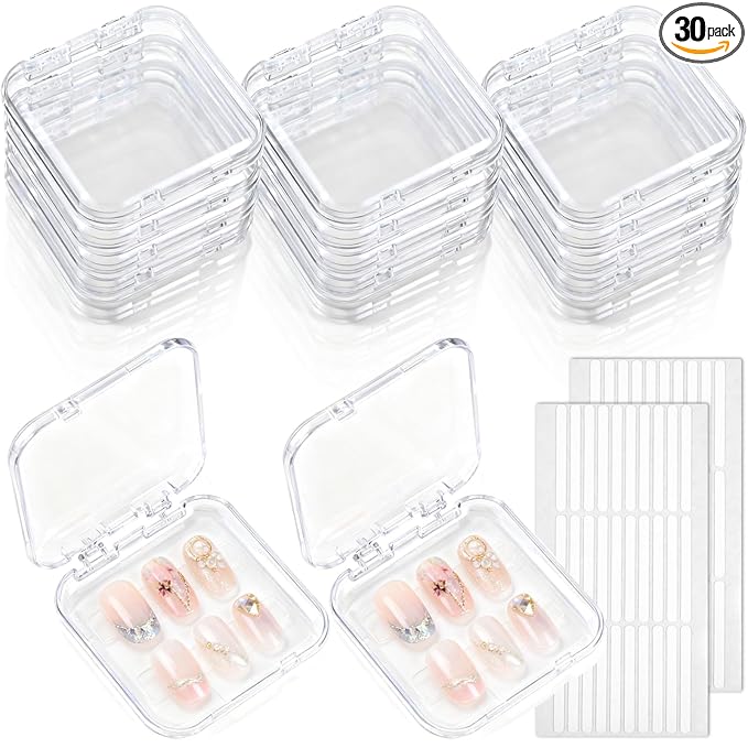30pcs Press on Nail Storage Box with 60 Pcs Adhesive Double Sided Tape Acrylic Nail Display Boxes Artificial False Nail Box Organizer Fake Nail Case Transparent Nails Packaging Boxes for Nail Salon