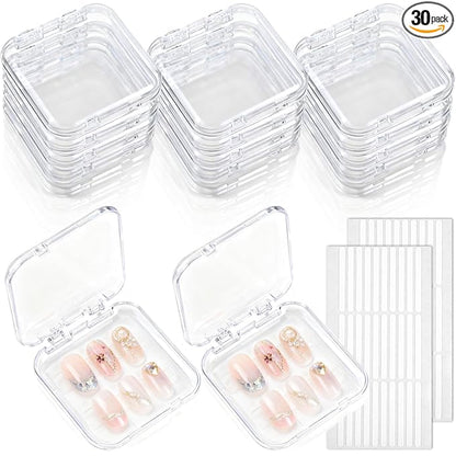 30pcs Press on Nail Storage Box with 60 Pcs Adhesive Double Sided Tape Acrylic Nail Display Boxes Artificial False Nail Box Organizer Fake Nail Case Transparent Nails Packaging Boxes for Nail Salon
