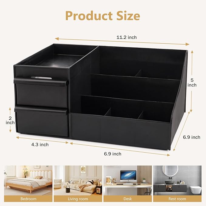 Black Vanity Organizer with Drawers – Large Mens Countertop Storage Box for Cologne, Skincare, Makeup, Perfume – Waterproof Dresser Organizer for Bathroom, Bedroom, Desk