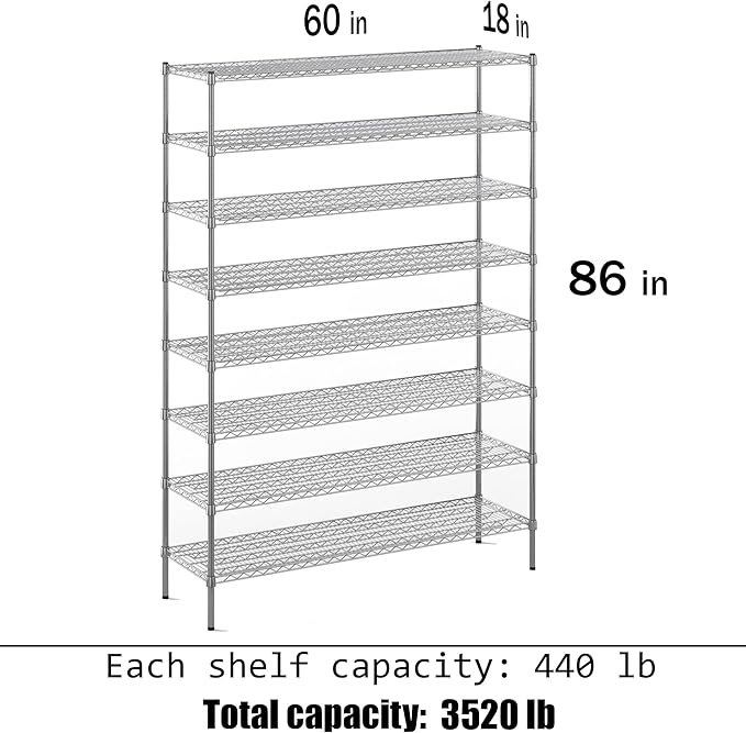 18" Deep x 60" Wide x 86" Height Wire Shelving Kit | 8-Tier | NSF Commercial Storage Rack Unit