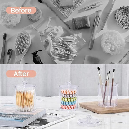 4 Pack Qtip Holder - Restroom Bathroom Organizers and Storage Containers,- 10 oz Clear Plastic Apothecary Jars set with Lids for Organizing Cotton Pads, Swabs, Balls, Floss