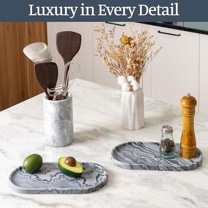Koville Natural Marble Tray, 12"x6" Decorative Tray for Countertop, Catchall for Perfume, Candles, Jewelry Dish Elephant Grey