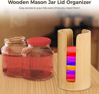 OMISTAR 2 PCS Wooden Mason Jar Lid Organizers, 3.7 in Inner Dia, Canning Jar Vertical Storage Holder for Metal Plastic Wood Lids, Easy Access U Slots