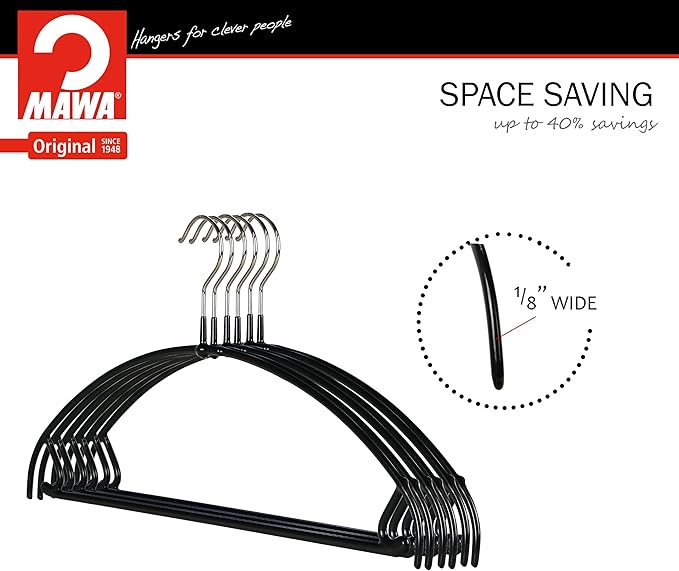 Mawa by Reston Lloyd Euro Ultra Light/Thin Series, Non-Slip Space-Saving Clothes Hanger with Bar & Hooks for Pants and Skirts, Style 42/PTU, Set of 2, Black
