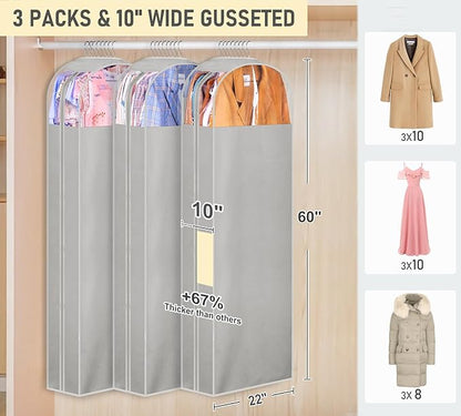 MISSLO 10" Gusseted Garment Bags for Hanging Clothes Storage 60" Dress Bags for Gowns Long Breathable Dress Cover for Closet Storage Coat Protector, 3 Packs, Grey