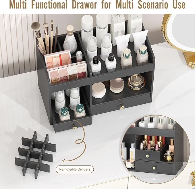 Large Makeup Organizer with Drawers, Bamboo Countertop Cosmetic Storage for Dresser Vanity Organizer Beauty Desk Skincare Holders Container Make Up Organizing for Lipstick