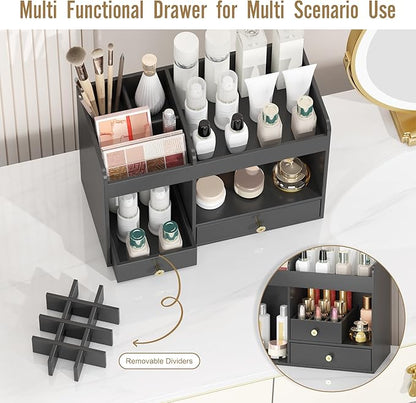 Large Makeup Organizer with Drawers, Bamboo Countertop Cosmetic Storage for Dresser Vanity Organizer Beauty Desk Skincare Holders Container Make Up Organizing for Lipstick