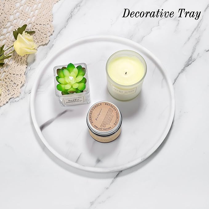 Luxspire Round Vanity Tray, 10.63 Inch Bathroom Vanity Tray Resin Kitchen Tray, Countertop Organizer Tray for Perfume Dresser Jewelry Candle, Coffee Table Decorative Tray, Marble White