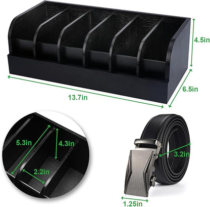 GTI Belt Organizer, 2pcs 6 Compartments Belt Organizer for Closet and Drawer, Bamboo Display Case for Tie and Belt, Belt holder Storage Organizer for Men Women (Black)
