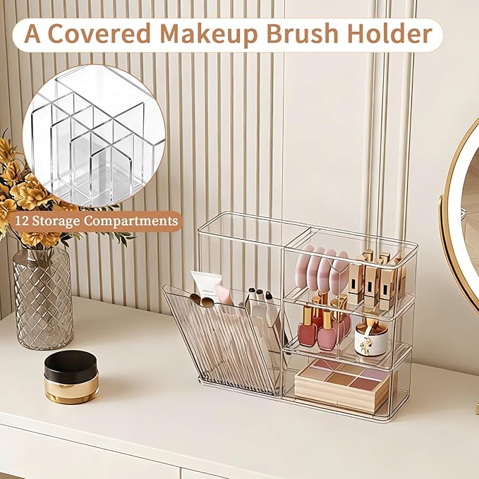 Makeup Organizer with Covered Brush Holder for Bathroom Vanity Countertop, Clear Skincare Storage with Drawers and Removable Dividers, Cosmetic Display Case for Lipsticks, Nail Polishes, Perfumes