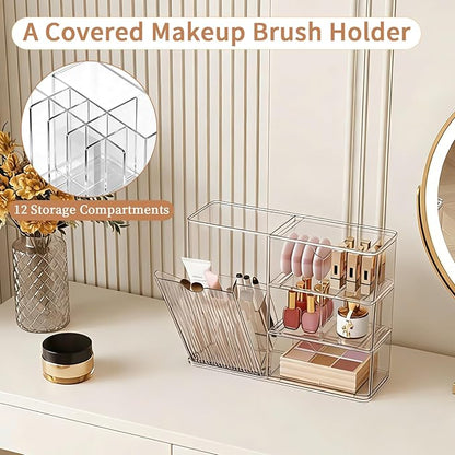 Makeup Organizer with Covered Brush Holder for Bathroom Vanity Countertop, Clear Skincare Storage with Drawers and Removable Dividers, Cosmetic Display Case for Lipsticks, Nail Polishes, Perfumes