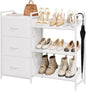 Somdot Shoe Rack, 3 Tier Shoe Organizer with 3 Drawers, Metal Shoe Storage Shelf for 6-9 Pairs of Shoes with Fabric Shelves and Wooden Top, Narrow Shoe Rack for Entryway, White Leather