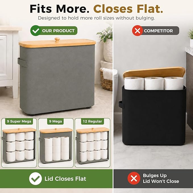 Premium Waterproof Toilet Paper Storage Box with Bamboo Lid - Fits 9 Mega Rolls, 900D Heavy-Duty Fabric Bathroom Organizer Bin with Elevated Base & Handles for Narrow Spaces (17.3"x 6.9"x 15.5")
