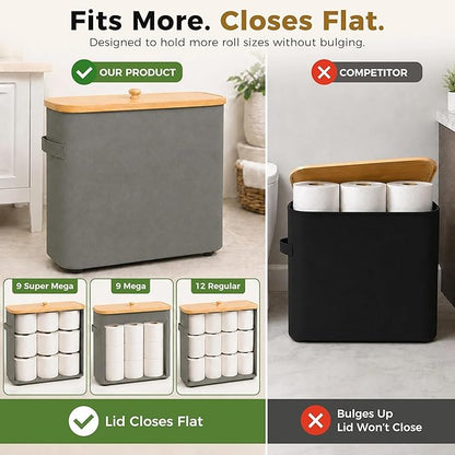 Premium Waterproof Toilet Paper Storage Box with Bamboo Lid - Fits 9 Mega Rolls, 900D Heavy-Duty Fabric Bathroom Organizer Bin with Elevated Base & Handles for Narrow Spaces (17.3"x 6.9"x 15.5")
