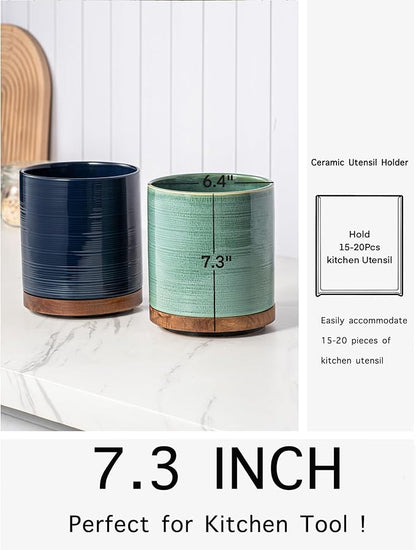 Utensil Holder, 360° Rotating Extra Large Ceramic Kitchen Utensil Holder for Countertop, 7.3“ Cooking Utensil Crocks for Kitchen Counter with Rotatable Wooden Base, Farmhouse Decor, Forest Green