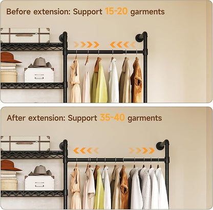 ONBRILL H3 Expandable Wall Mounted Closet System, 5.4FT-8.1FT Closet Organizer with 4 Telescopic Rods & 6 Wire Shelves, Industrial Pipe Clothing Rack for Walk-in & Reach-in Closet (Black)