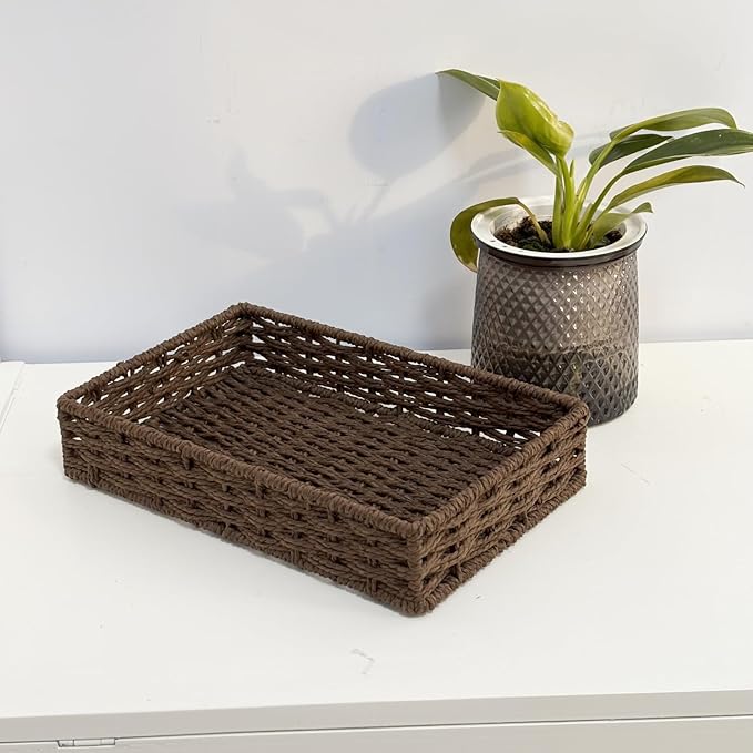 Small Woven Paper Rope Baskets for Storage(4PCS), Basket Tray for Drawer,Shelves,Closet Organizing & Decor (Dark Brown)