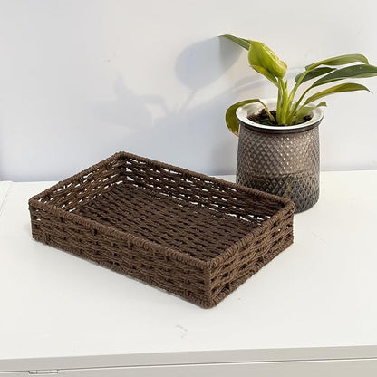 Small Woven Paper Rope Baskets for Storage(4PCS), Basket Tray for Drawer,Shelves,Closet Organizing & Decor (Dark Brown)