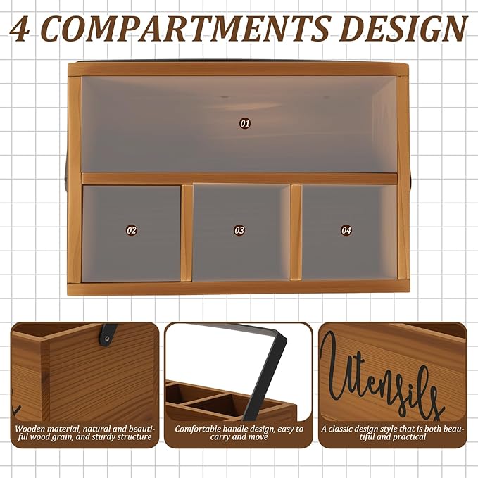 Utensil Holder, Silverware Organizer with Handle, Wooden Kitchen Utensil Caddy, 4 Compartmen Cutlery Holder Flatware Caddy, Spoon Holder, Versatile Organizer for Kitchen Counter Party Picnic Camping