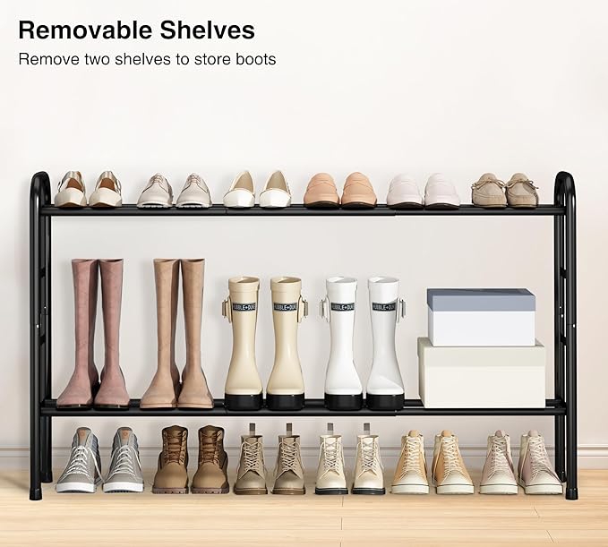 STO STO Long Expandable Shoe Rack 4-Tier, Adjustable Length 33.7”–47.5” Shoe Organizer, Metal Shoes Storage Shelf, Holds Up to 30 Pairs, Non-Slip Feet, for Closet, Entryway, Hallway, Front Door, Black