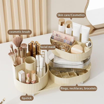 DASITON Makeup Organizer Countertop, 360° Rotating Makeup Brush Holder Organizer, Large Capacity Cosmetic Display Case with Drawers, Makeup Storage Organizer for Vanity, Desktop, Bathroom (Cream 02)