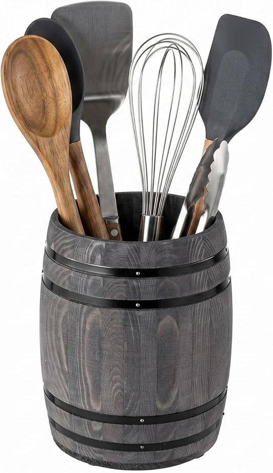 MyGift Wine Barrel Design Kitchen Utensil Crock, Vintage Gray Solid Wood Cooking Tool Holder