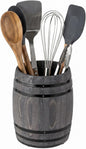 MyGift Wine Barrel Design Kitchen Utensil Crock, Vintage Gray Solid Wood Cooking Tool Holder
