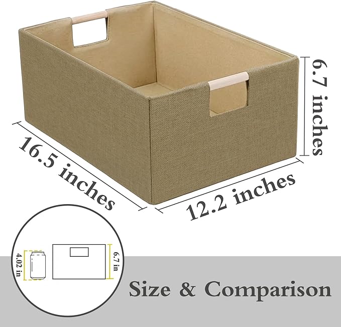 Foldable Fabric Storage Cubes, Cloth Storage Baskets with Wooden Handles, Shelf Closet Organizer Bins, Rectangular Linen Storage Boxes for Decor, 16.5 x 12.2 x 6.7 Inches