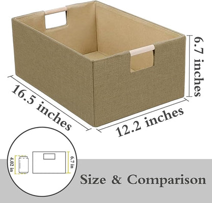 Foldable Fabric Storage Cubes, Cloth Storage Baskets with Wooden Handles, Shelf Closet Organizer Bins, Rectangular Linen Storage Boxes for Decor, 16.5 x 12.2 x 6.7 Inches