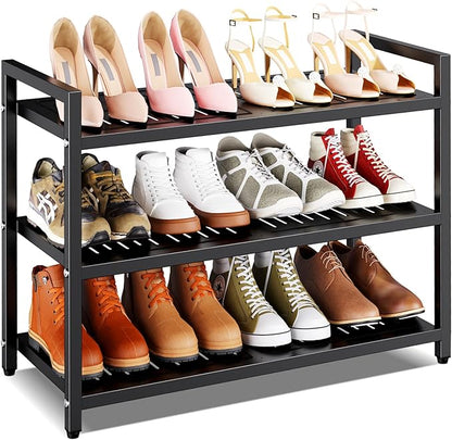 3-Tier Heavy Duty Metal Shoe Rack, 200 lbs Load Capacity Shoe Organizer with Reinforced Steel Tubes, No-Wobble Free Standing Shoe Shelf for Entryway, Closet, Bedroom, Dorm – Easy Assembly, Black