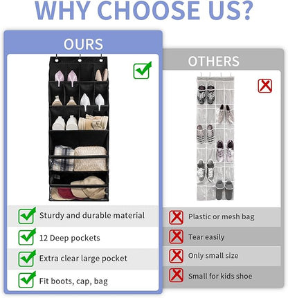 FENTEC 1 Pack Over-the-Door-Shoe-Organizers, Hanging Shoe Organizer with Large Pocket Shoe Holder Hanging Shoe Rack for Closet Shoe Organizer for Wall, Over Door Organizer with 15 Pockets Black