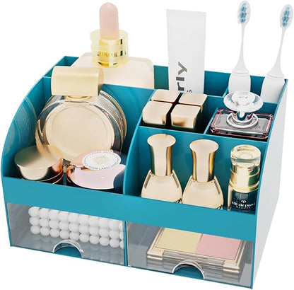 Makeup Organizer with 2 Drawers, Cosmetic Storage for Dresser Vanity and Bathroom Countertop,Make up organization and Skincare Storage with Beauty Brush Holder, Cosmetic Display Case (Dark Green)