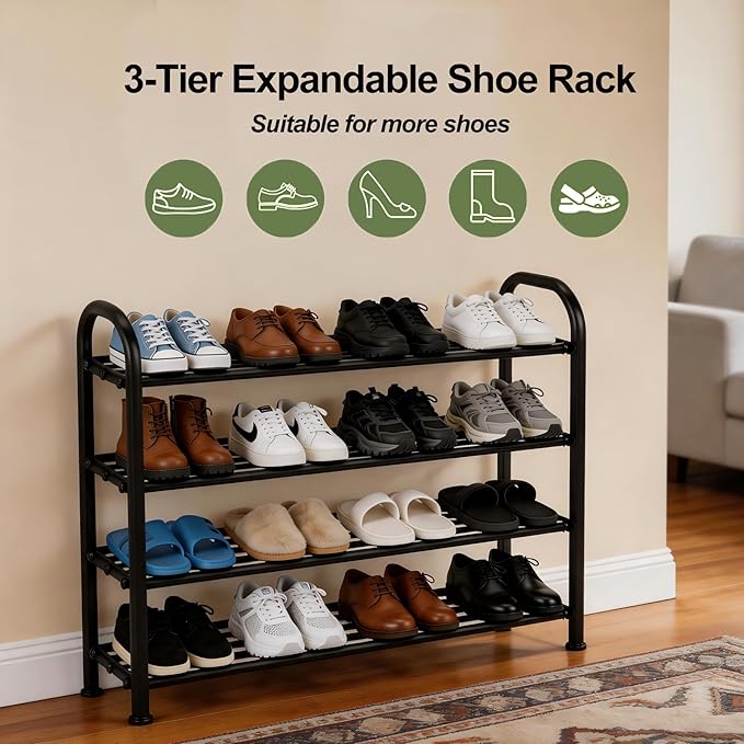 4-Tier Expandable Shoe Rack, Stackable and Adjustable Shoes Organizer Storage Shelf, Sturdy and Durable Metal Structure Free Standing Shoe Rack for Closet Entryway Doorway