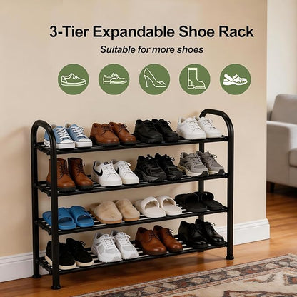 4-Tier Expandable Shoe Rack, Stackable and Adjustable Shoes Organizer Storage Shelf, Sturdy and Durable Metal Structure Free Standing Shoe Rack for Closet Entryway Doorway