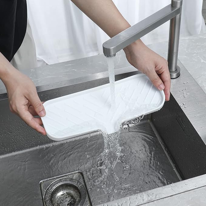 MicoYang Silicone Bathroom Soap Dishes with Drain Spout-Bathroom and Kitchen Sink Organizer,Sponge Holder,Dish Soap Tray,Perfect for Dispenser,Scrubber,Bottle,Cup on Sink or Counter-White 12"×4"
