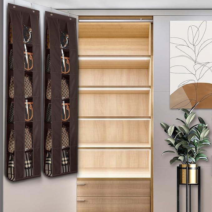 Lirex Over the Door Organizer, 2 Pack Handbag Storage with 6-Tier Space-Saving for Door or Closet, Handbag Hanger, Dark Brown