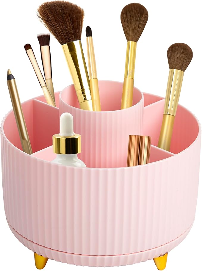 Paris Hilton 360° Rotating Makeup Brush Holder, Fluted Design with 5 Compartments, Glam Organizer for Brushes & Tools, Pink