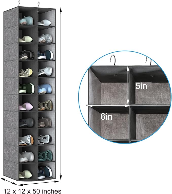 Libeder Hanging Shoe Organizer for Closet, Hanging Closet Organizers 20 Section Shoe Shelves, Space Saving Shoe Holder & Storage, Grey, 12''W×12''Dx 50''H