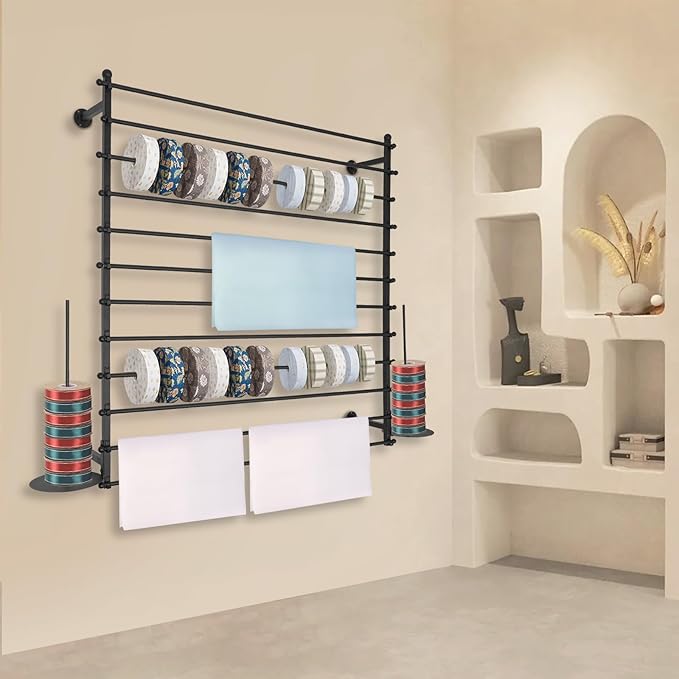 Wall Mounted Display Rack, 12 Layer Wall Wrapping Paper Ribbon Organizer, Scarves Tie & Scarf Rack Belts Towel Holder for Home, Retail Stores, Flower Shop (Black)
